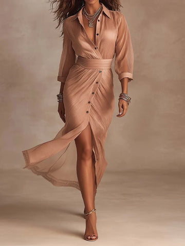 Vestido Midi Transpassado em Tencel e Linho com Estilo Casual Refinado