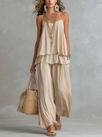 Camisola Bege Minimalista Estilo Resort com Calças Largas