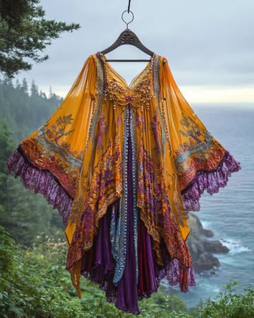 Vestido de Chiffon com Renda e Babados Contrastantes para Férias de Verão 52f6