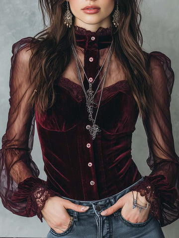 Blusa Retrô de Veludo com Mangas Transparentes
