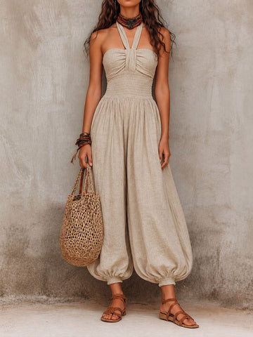 Combinaison-pantalon bohème beige en lin à taille smockée, col montant et jambes bouffantes