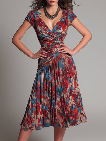 Vestido Midi Retrô Evasê Plissado Estampado com Decote V Cruzado