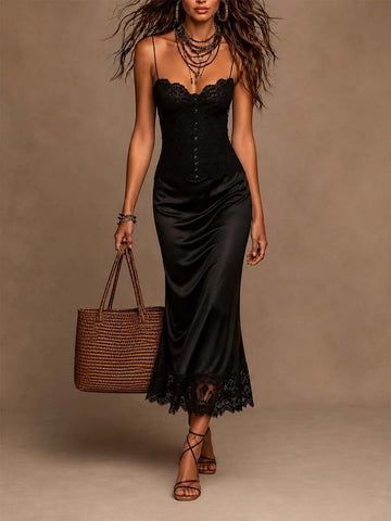 Vestido Midi com Alças Finas de Renda Vintage e Barra de Renda de Cetim