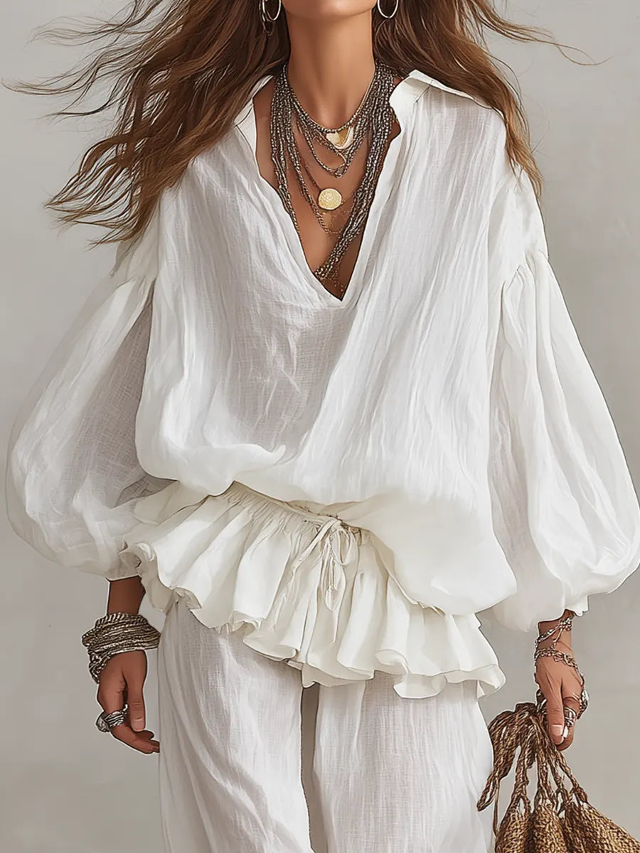 Ensemble Blouse à Volants Romantique & Pantalon Taille Fronsée Blanc