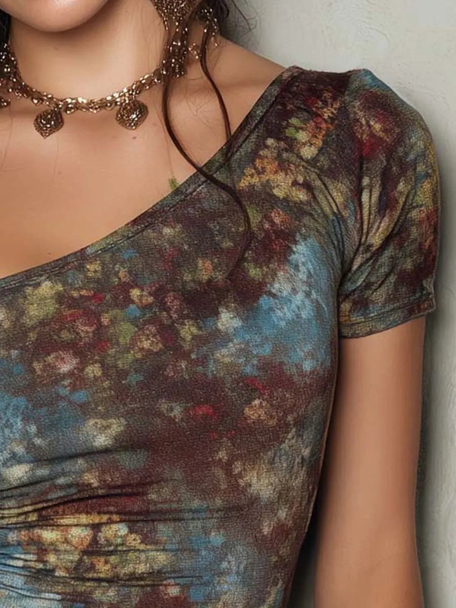 Top monospalla arricciato con stampa artistica astratta bohémien vintage