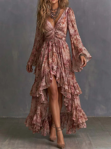 Vestido Maxi Boho Floral com Decote V Profundo, Mangas Sino e Babado Mullet