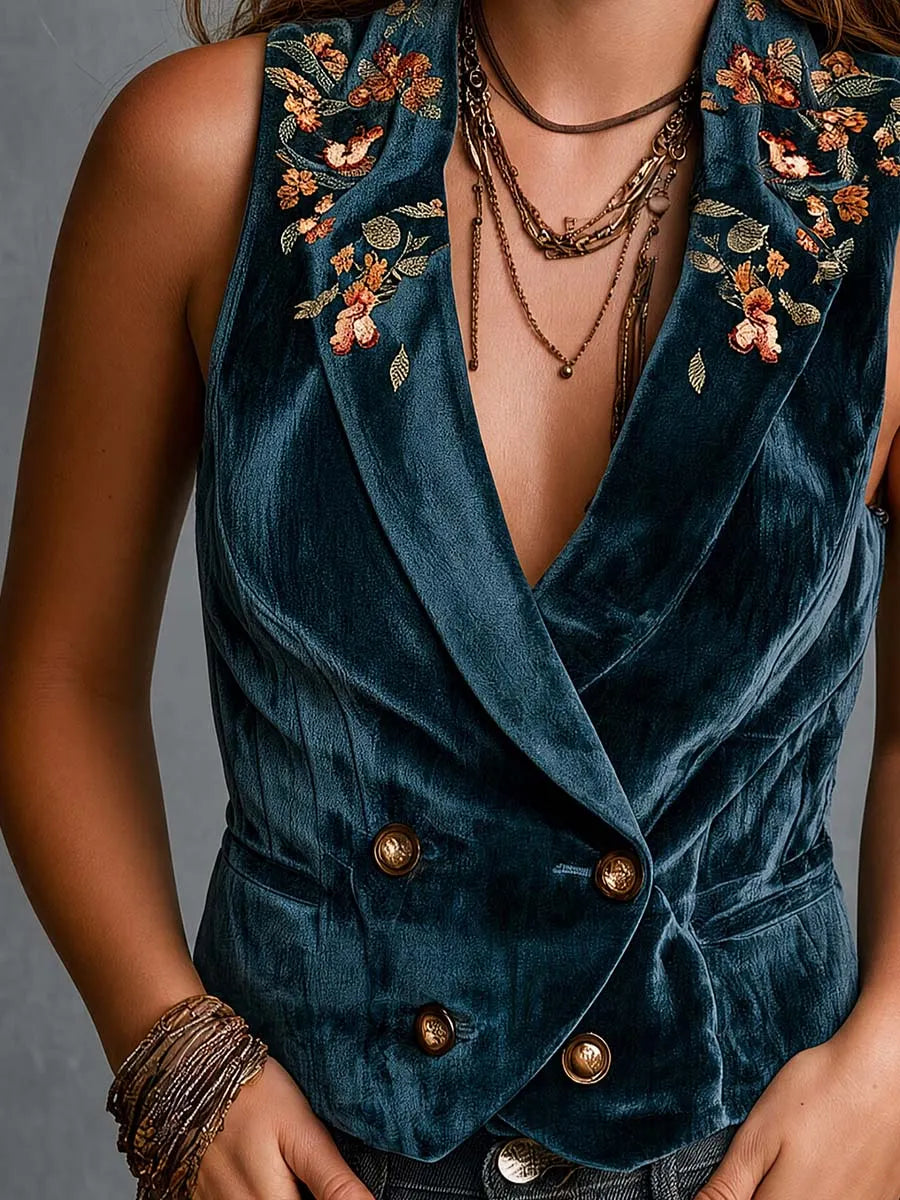 Gilet croisé brodé floral bohème