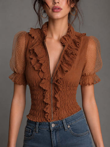 Blusa com Babados, Manga Bufante e Tela de Algodão Caramelo