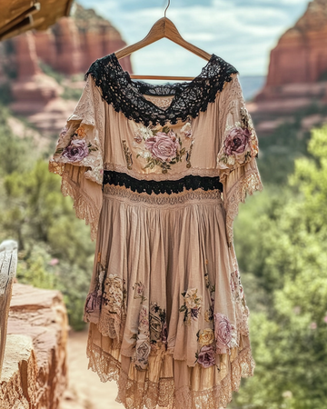 Vestido de Verão com Babados de Renda e Contraste de Cores de9a