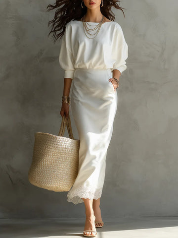 Conjunto Refined Blouson Top e Saia Midi com Barra de Renda
