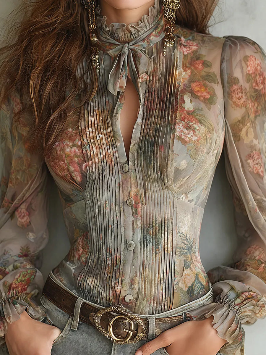 Blouse ajustée à imprimé peinture à l'huile style bohème avec détail de col à nouer