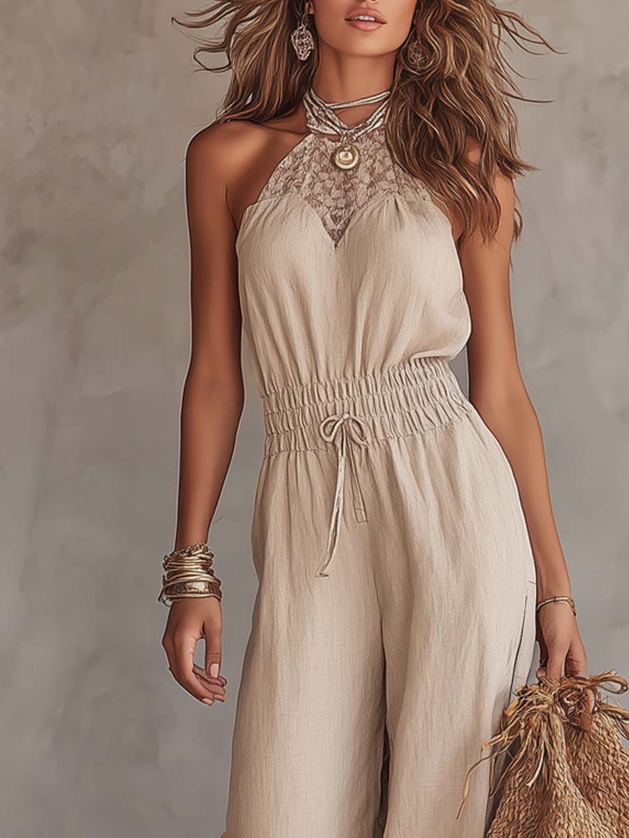 Bohemian-Style Lace Halter Cotton-Linen Jumpsuit