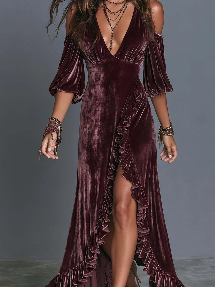 Vestido longo maxi de veludo boho decote v profundo ombro vazado babados e fenda alta
