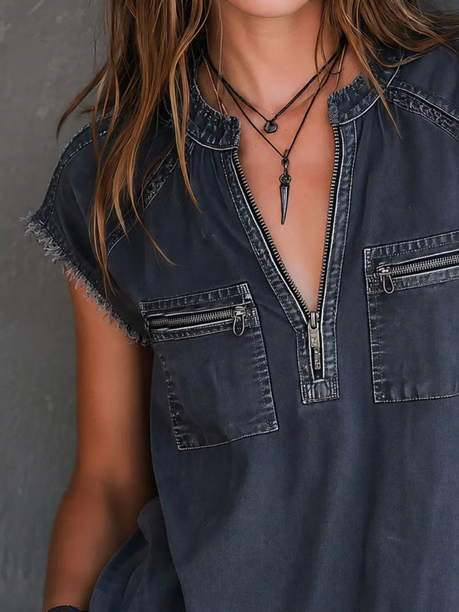 Blusa Utility Nera Lavata Rerto Western Con Zip E Orlo A Taglio Vivo