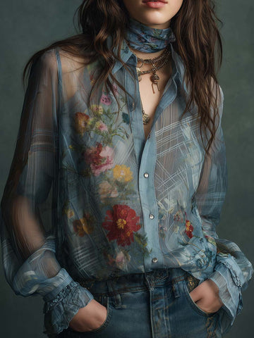 Blusa Transparente Vintage Boho Floral com Botões