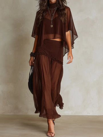 Conjunto de Duas Peças Boêmio de Blusa com Capa Transparente de Chiffon Marrom Chocolate e Calça de Perna Larga
