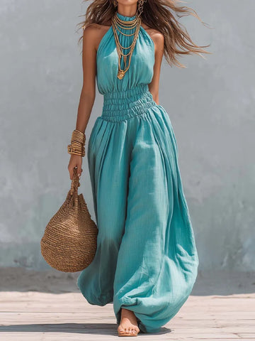 Macacão Halter Boho de Algodão-Linho com Elastex e Pernas Balão