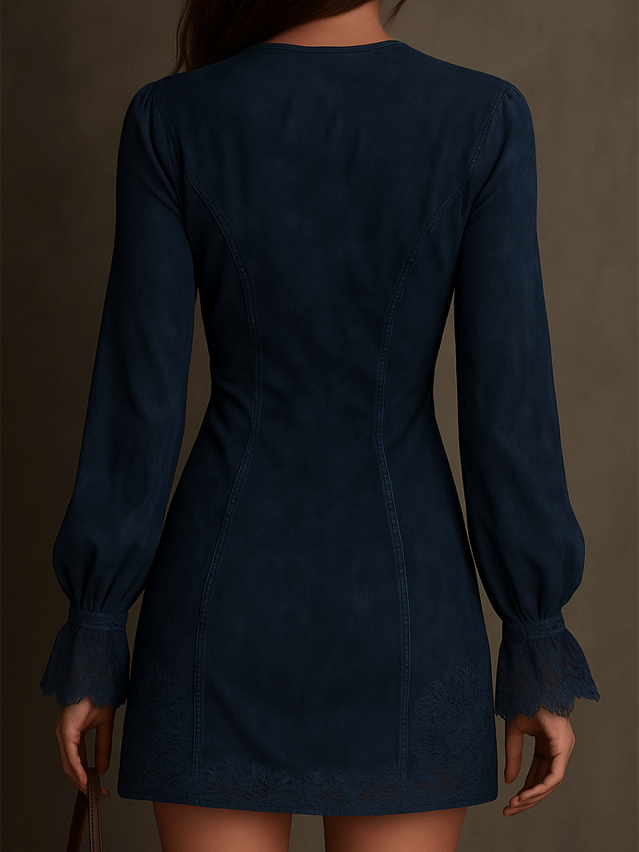 Mini-robe vintage en suède bleu avec dentelle