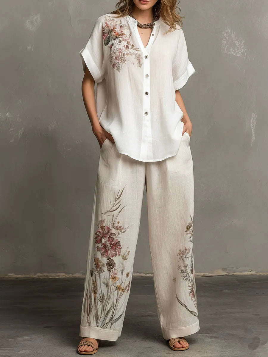 Boho Floral Pattern Blouse And Linen Wide-Leg Pants Two-Piece
