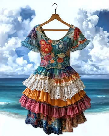 Vestido de verão colorido patchwork de algodão e linho com contraste 39a3